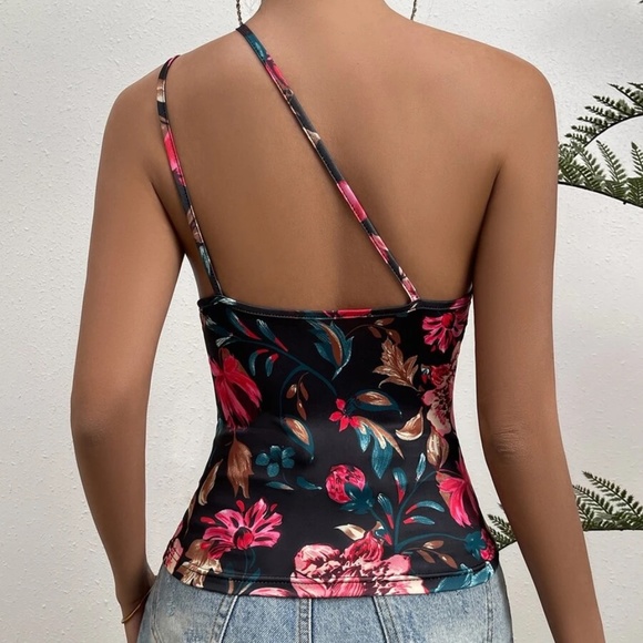 Boho Floral Print One Shoulder Cami Tank Top - Picture 13 of 13